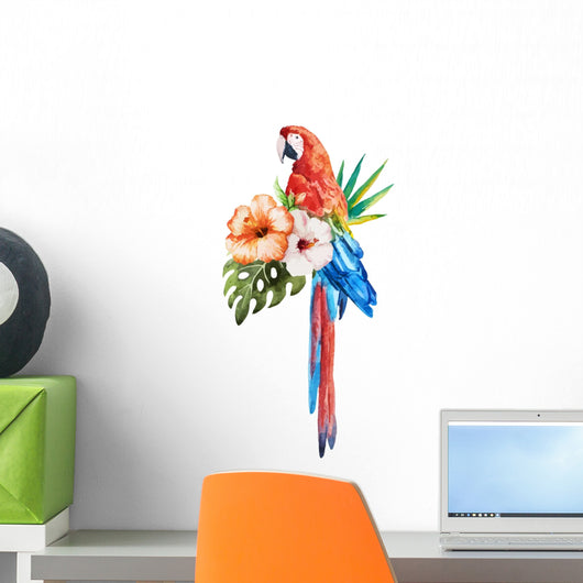 Tropical Hibiscus Macaw Birds Wall Decal