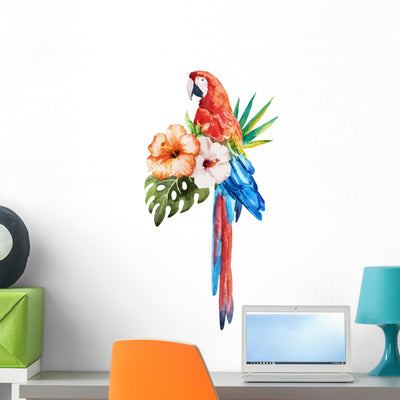 Tropical Hibiscus Macaw Birds Wall Decal shown on a wall