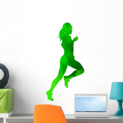 Abstract Green Running Girl Wall Decal shown on a wall