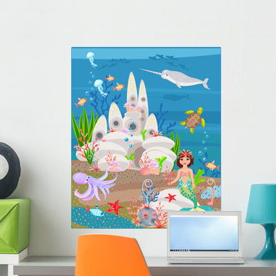 Mermaid and Underwater Castle Wall Decal shown on a wall