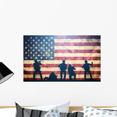 Defending Soldiers American Flag Wall Decal shown on a wall