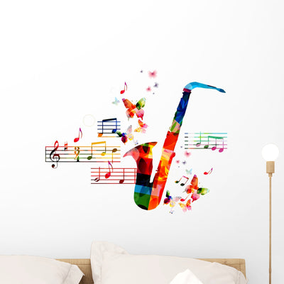 Colorful Saxophone Design with Wall Decal shown on a wall