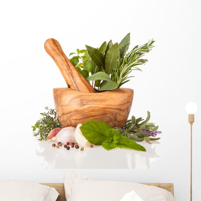 Wooden Mortar with Herbs Wall Decal shown on a wall