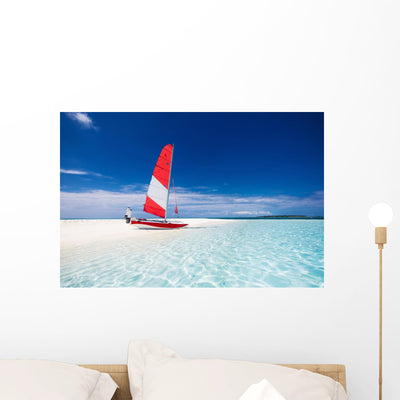 Sailing Boat with Red Wall Decal shown on a wall