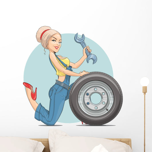 Beautiful Girl Mechanic with Wall Decal