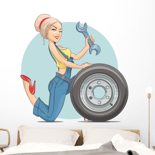 Beautiful Girl Mechanic with Wall Decal