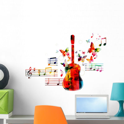 Colorful Guitar Design Wall Decal shown on a wall