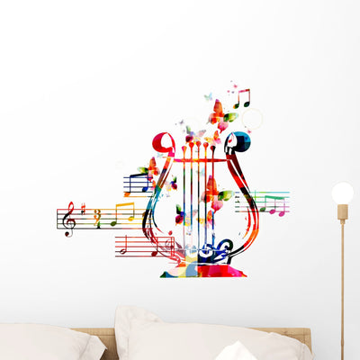 Colorful Lyre Design Wall Decal shown on a wall