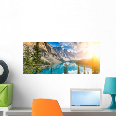 Moraine Lake Rocky Mountains Wall Decal Panoramic Wall Decal shown on a wall