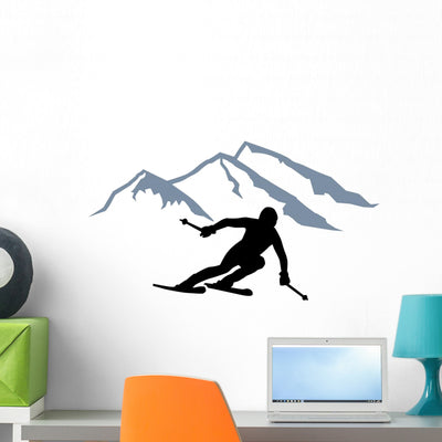 Skier Silhouette Mountains Wall Decal shown on a wall