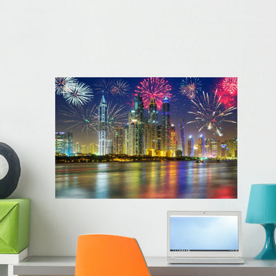 Fireworks Display on Sky Dubai Wall Decal shown on a wall