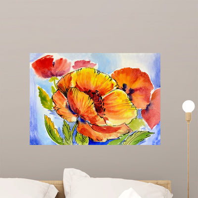 Watercolor Painting Bouquet Poppies Wall Decal shown on a wall