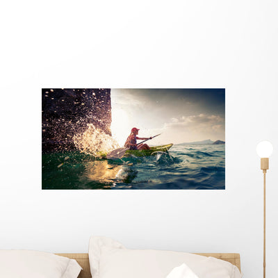 Woman with Kayak Wall Decal Design 2 shown on a wall