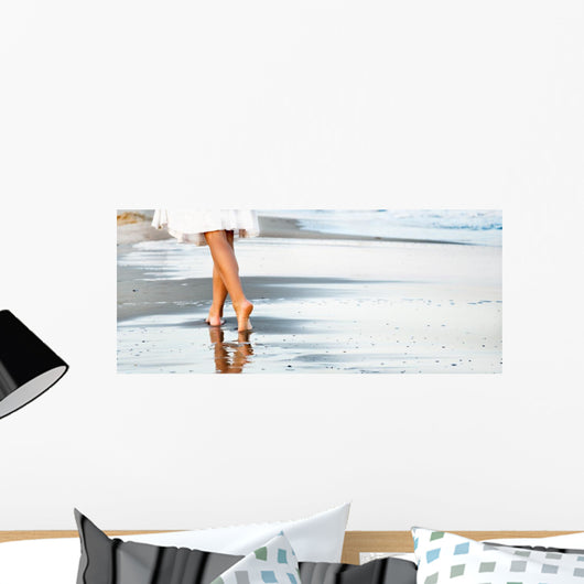 Woman Walking Sand Beach Wall Decal Panoramic Wall Decal