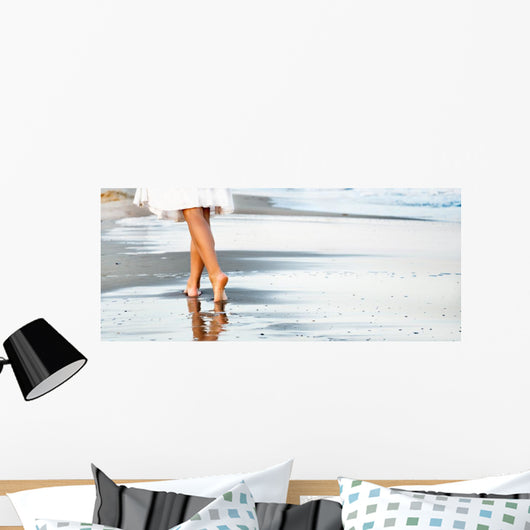Woman Walking Sand Beach Wall Decal Panoramic Wall Decal
