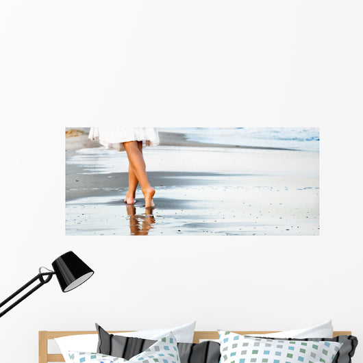 Woman Walking Sand Beach Wall Decal Panoramic Wall Decal