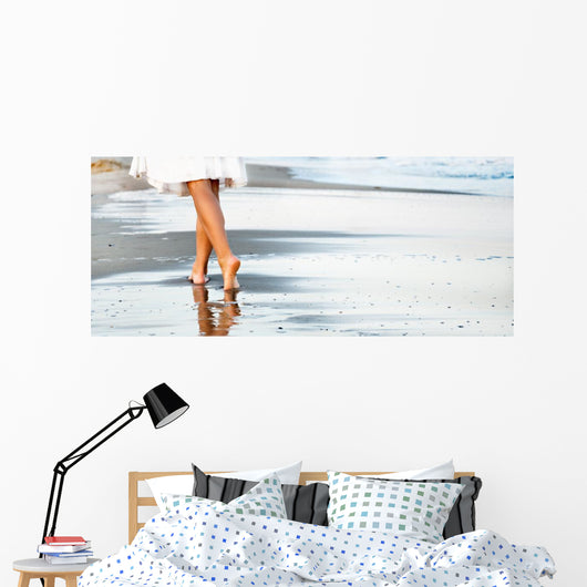 Woman Walking Sand Beach Wall Decal Panoramic Wall Decal