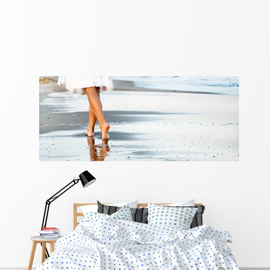 Woman Walking Sand Beach Wall Decal Panoramic Wall Decal