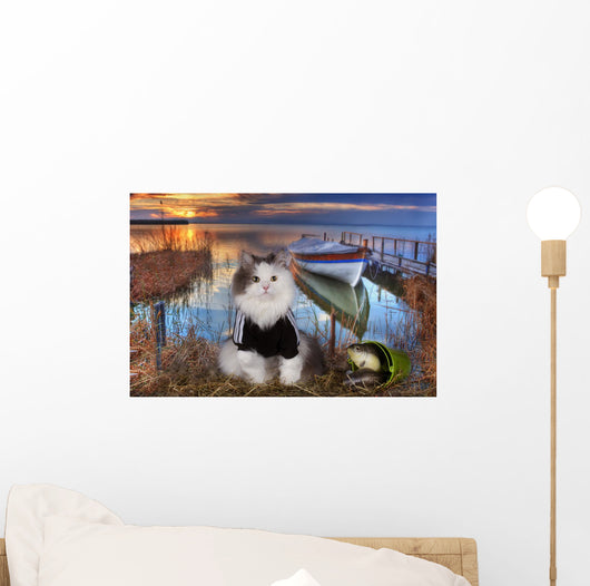 Cat Fishes Pond Sunset Wall Decal