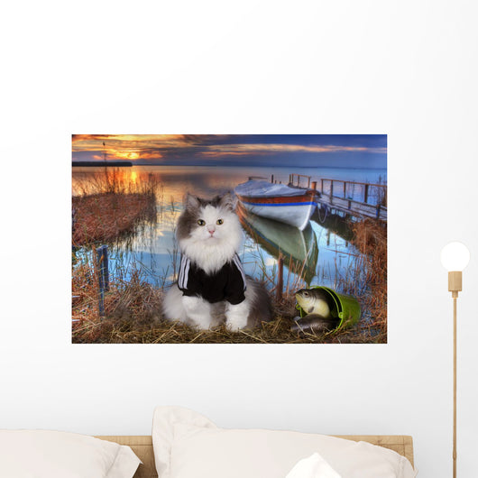 Cat Fishes Pond Sunset Wall Decal