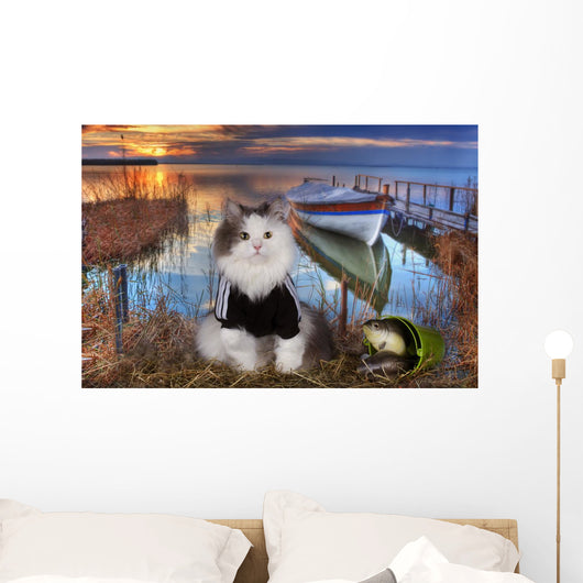 Cat Fishes Pond Sunset Wall Decal