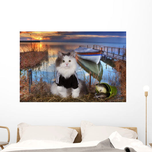 Cat Fishes Pond Sunset Wall Decal