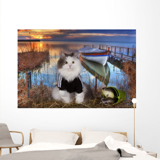 Cat Fishes Pond Sunset Wall Decal