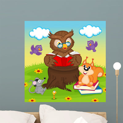 Owl Reading Book for Wall Decal shown on a wall
