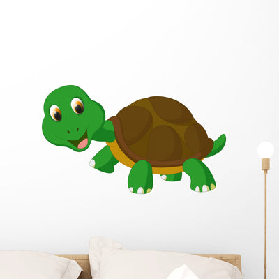 Cute Turtle Cartoon Wall Decal shown on a wall
