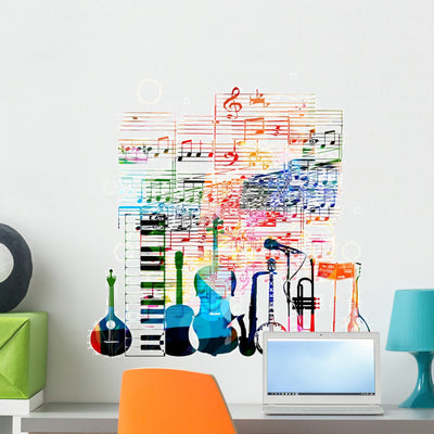Colorful Music Instruments Design Wall Decal shown on a wall