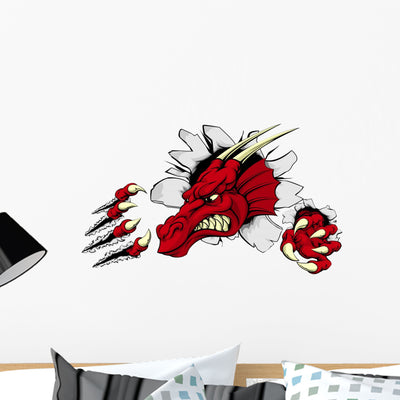 Ripping Red Dragon Wall Decal shown on a wall