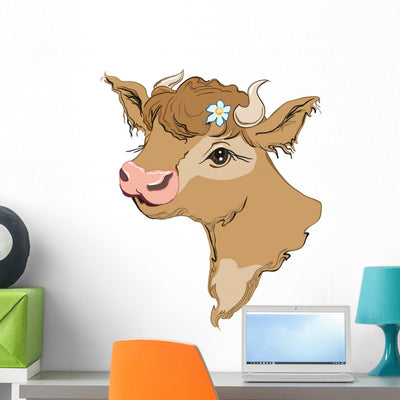 Brown Cow Head with Wall Decal shown on a wall
