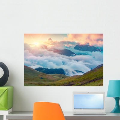 Colorful Summer Sunrise Foggy Wall Decal shown on a wall