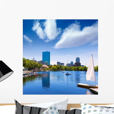 Boston Sailboats Charles River Wall Decal shown on a wall