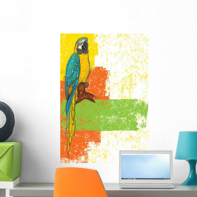 Blue and Yellow Parrot Wall Decal shown on a wall