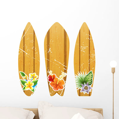 Wooden Surfboards with Floral Wall Stickers Wall Decal shown on a wall