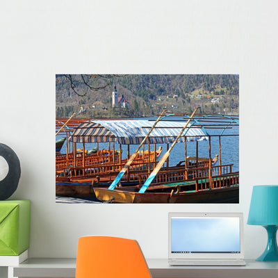 Rowboats Moored Shore Lake Wall Decal shown on a wall