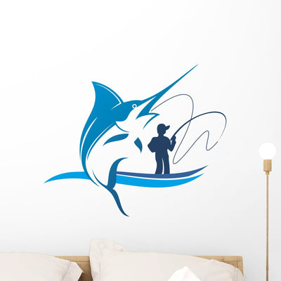 Fishing Marlin Club Wall Decal shown on a wall