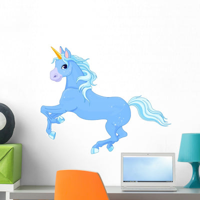 Blue Dancing Unicorn Wall Decal shown on a wall