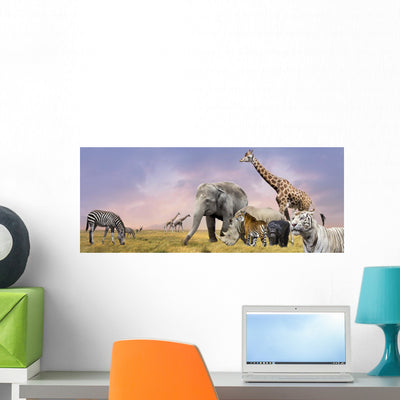 Savanna Wild Animals Collage Wall Decal shown on a wall