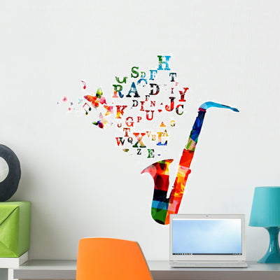 Colorful Saxophone Wall Decal shown on a wall