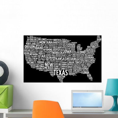 USA Words Map Wall Decal shown on a wall