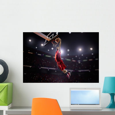 Red Basketball Player Action Wall Decal Design 2 shown on a wall