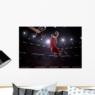 Red Basketball Player Action Wall Decal Design 1 shown on a wall