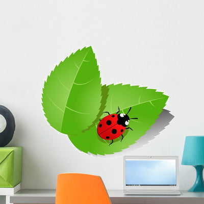 Ladybird Green Leaves Vector Wall Decal shown on a wall