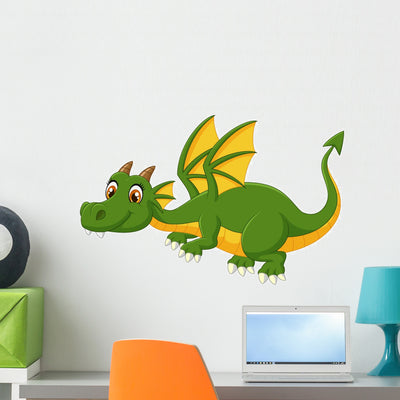 Cartoon Green Dragon Flying Wall Decal shown on a wall