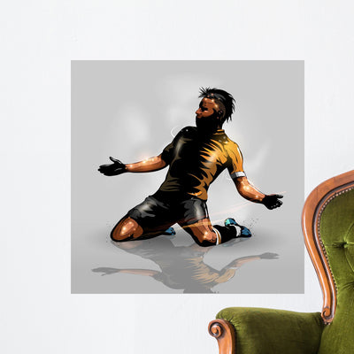 Soccer Player Scoring Goal Wall Decal shown on a wall