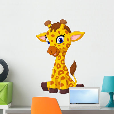 Cartoon Baby Giraffe Sitting Wall Decal shown on a wall