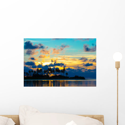 Dark silhouettes of palm trees and amazing cloudy sky at sunset Wall Mural