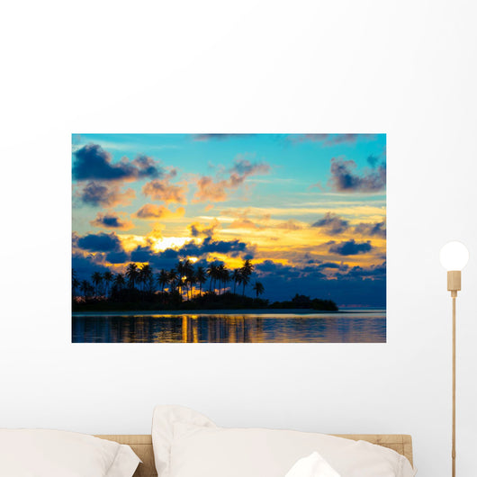 Dark silhouettes of palm trees and amazing cloudy sky at sunset Wall Mural